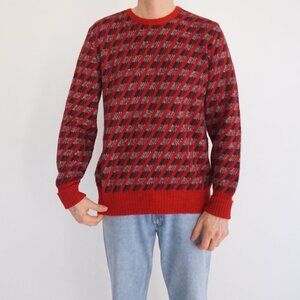 Vintage Ingo Red Gray Diagonal Stripe Pattern Crewneck Wool Knit Sweater Large